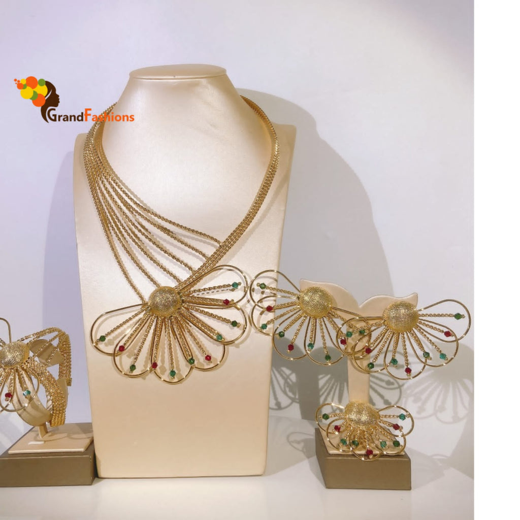 Queen Nicole Premium Rhinestone Gold Necklace Set