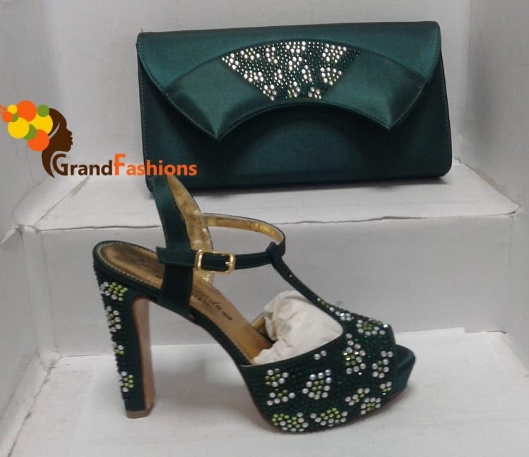 Queen Ashabi Women's Italian Luxury Shoe and Bag Set with Rhinestone
