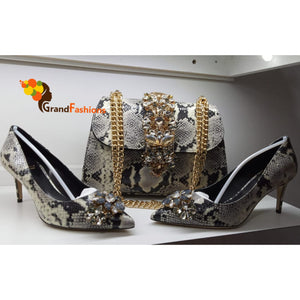 Queen Maggie Women's Italian Luxury Shoe and Bag Set with Gemstones