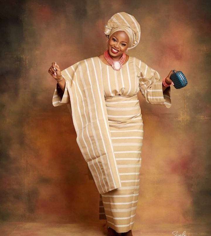 Queen Alake Stripe Asooke Set in Brown and White